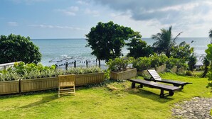 A grassy outdoor area with a wooden bench and a wooden table, overlooking a beach with birds and the ocean. - C-5 Oceanfront Condos  (Galle)