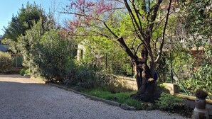 Ein Schotterweg führt zu einem Baum mit rosa Blüten, umgeben von viel Grün und einem Gebäude im Hintergrund.