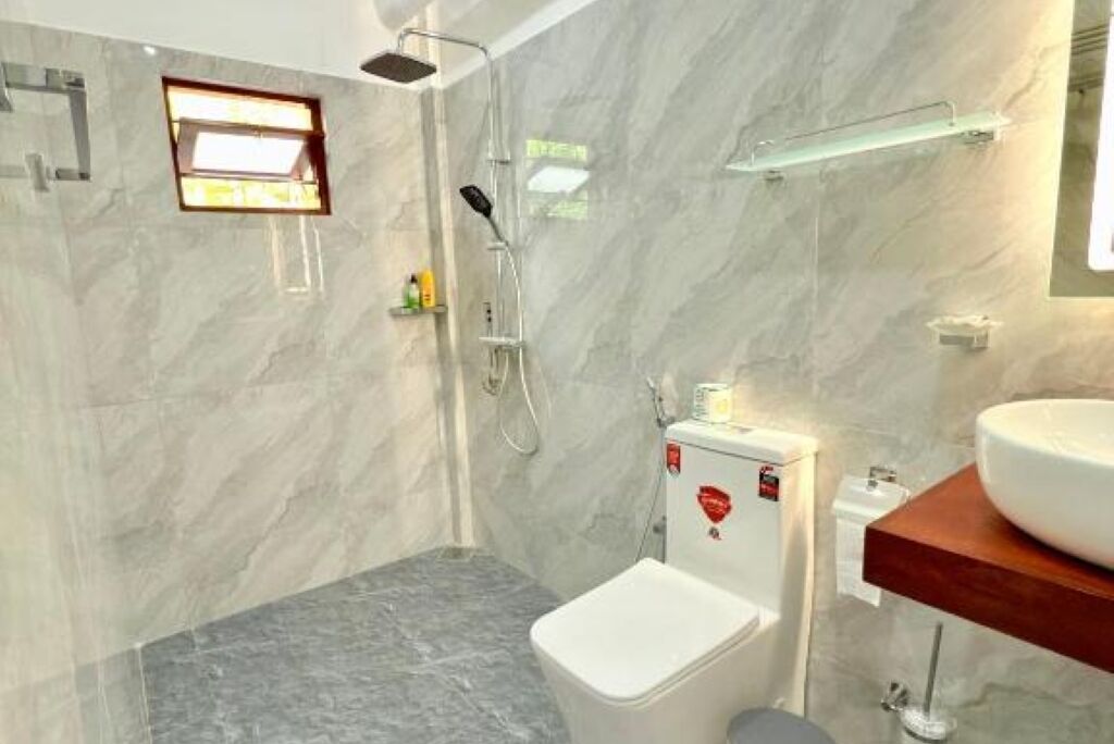 Shower, hair dryer, bidet, towels