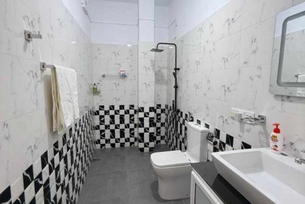 Shower, hair dryer, bidet, towels