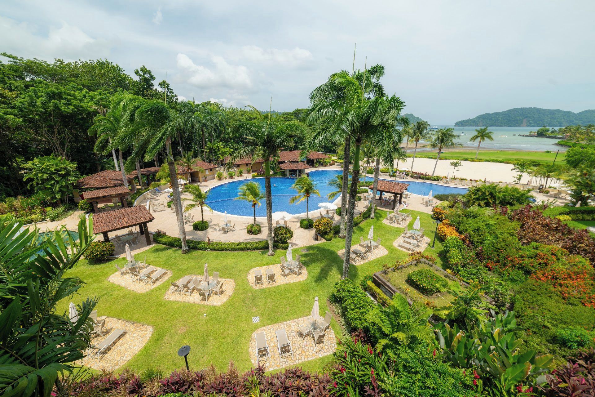 A resort with multiple swimming pools surrounded by palm trees and lounge areas.