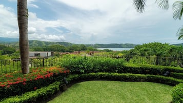 Un jardin aménagé avec un sentier sinueux, des palmiers et une vue sur une zone côtière, avec des collines à l’horizon.