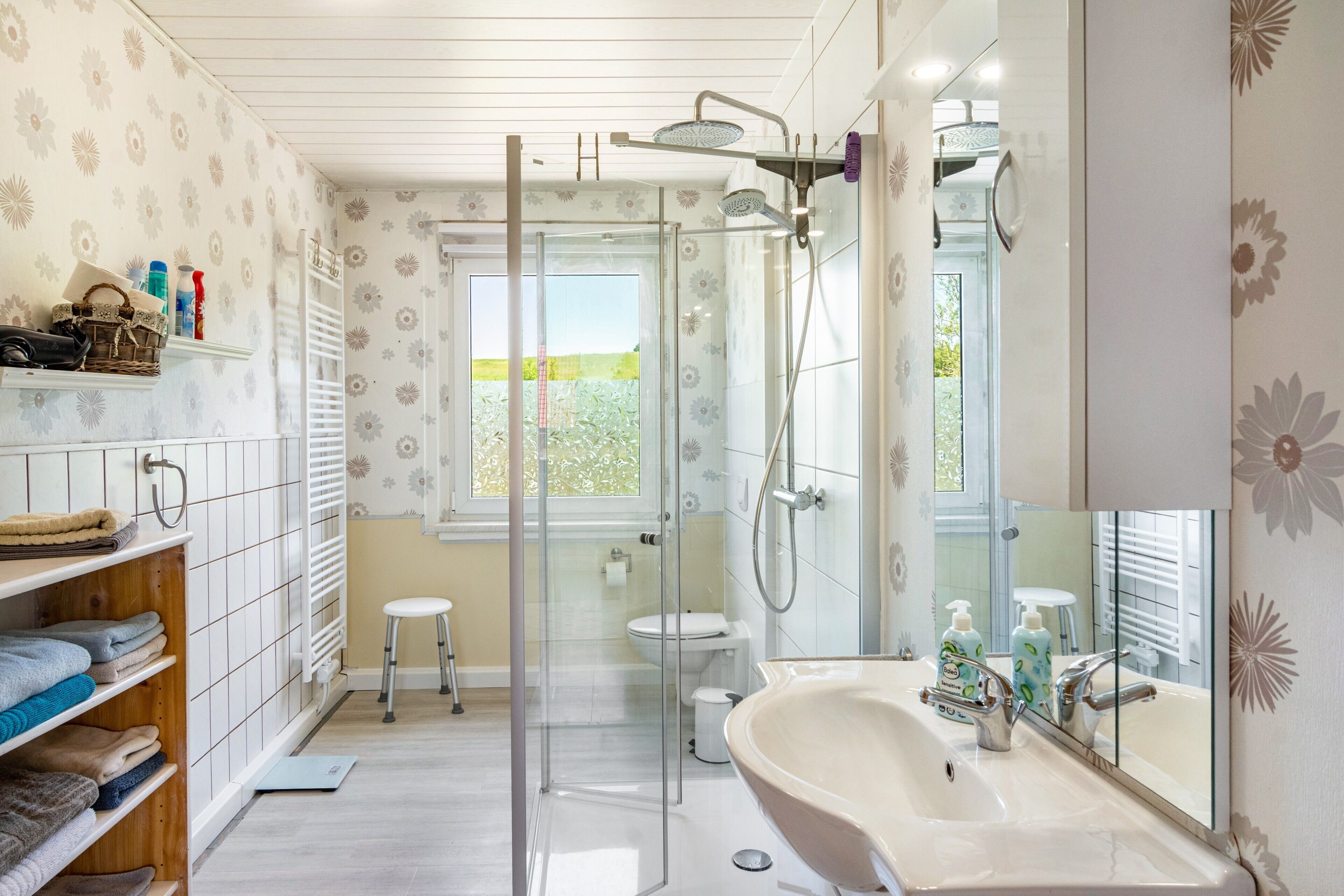 Shower, hair dryer, towels