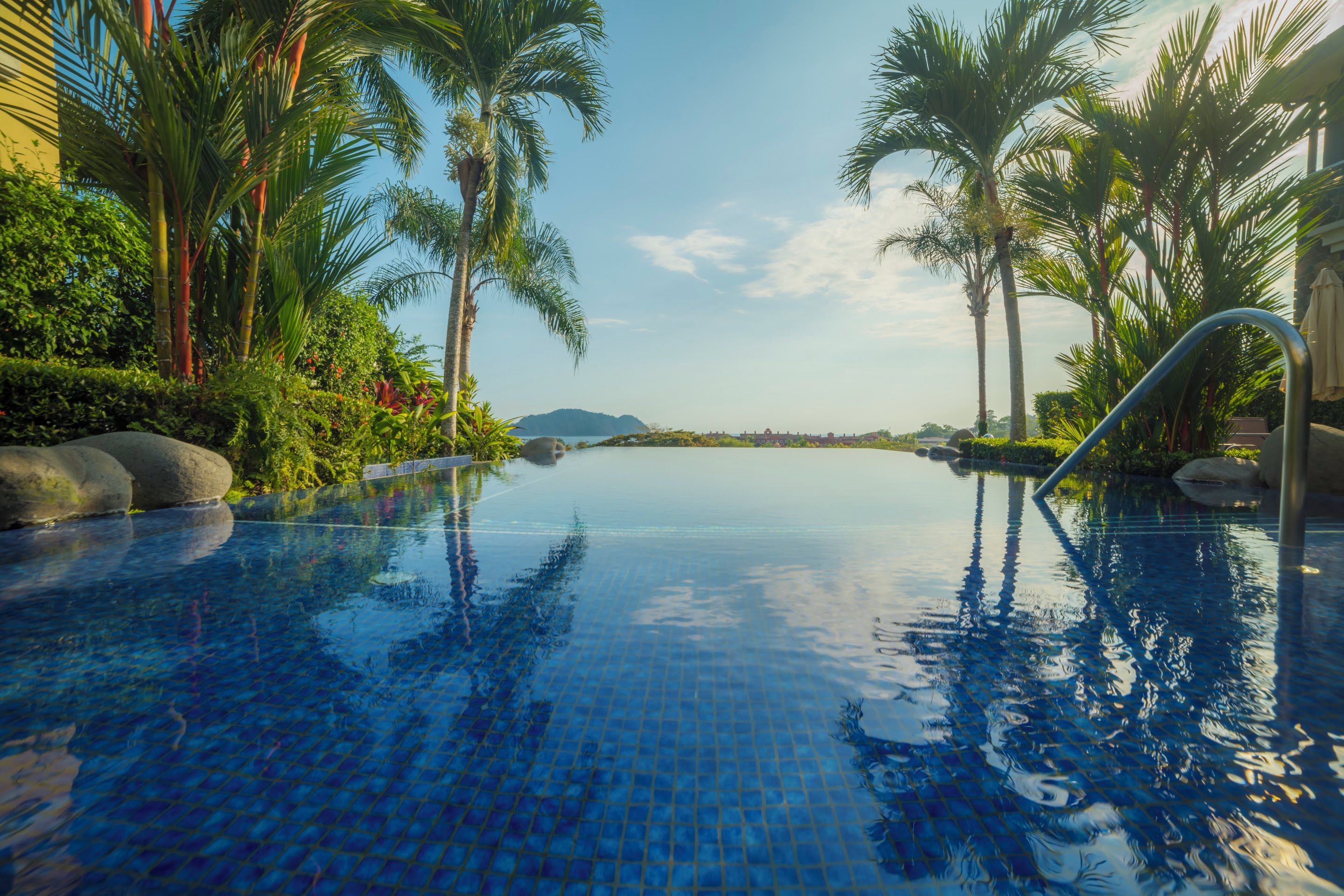 An infinity pool with clear blue water, surrounded by lush greenery and palm trees, with a view of distant hills.