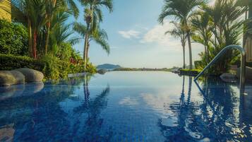 An infinity pool with clear blue water, surrounded by lush greenery and palm trees, with a view of distant hills.