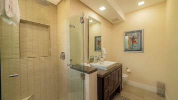 A modern bathroom with a glass shower enclosure, a sink with a mirror, and a toilet.