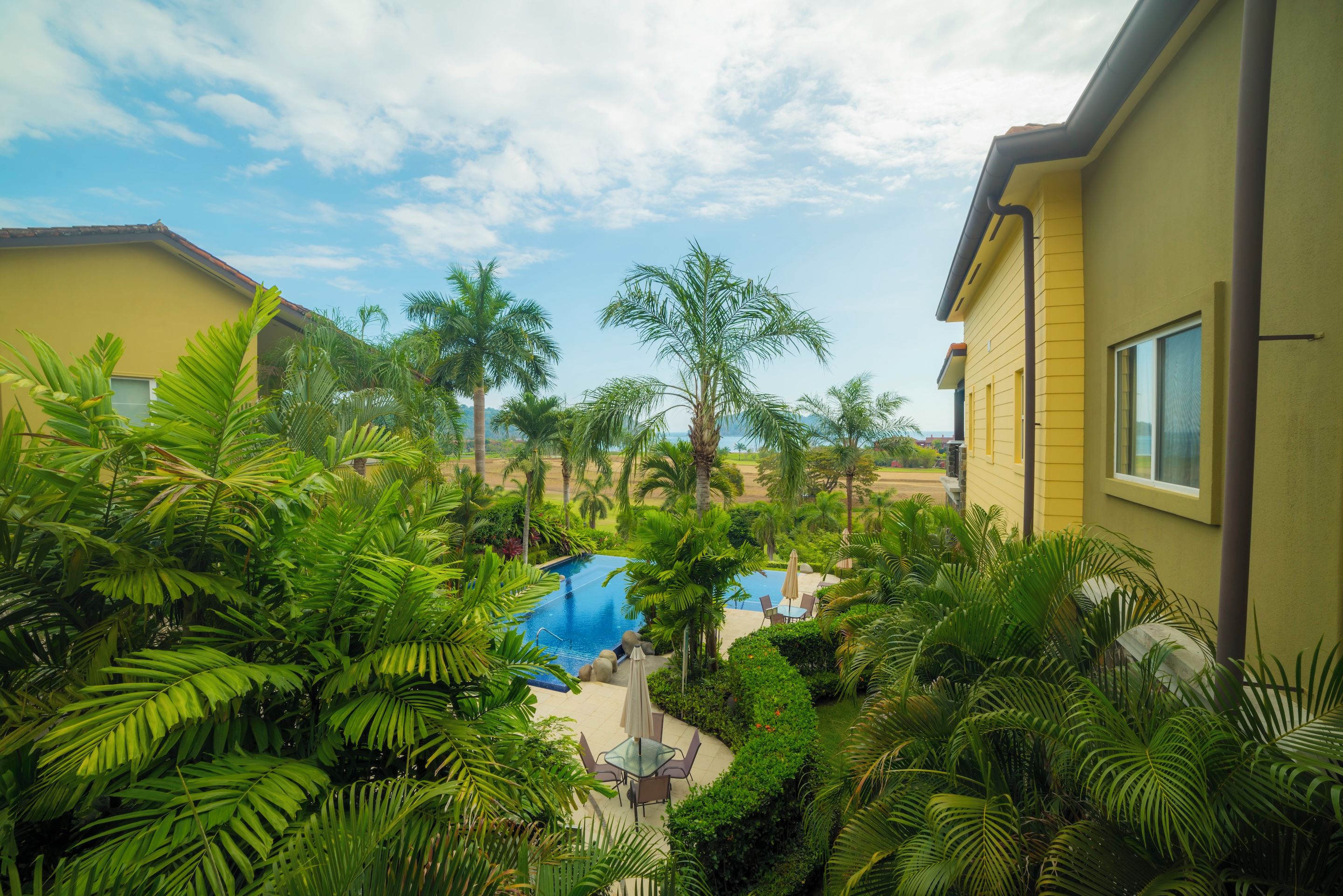 A resort with a swimming pool surrounded by lush greenery and palm trees.