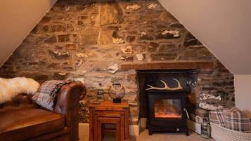 Een televisie, een open haard en een stereo