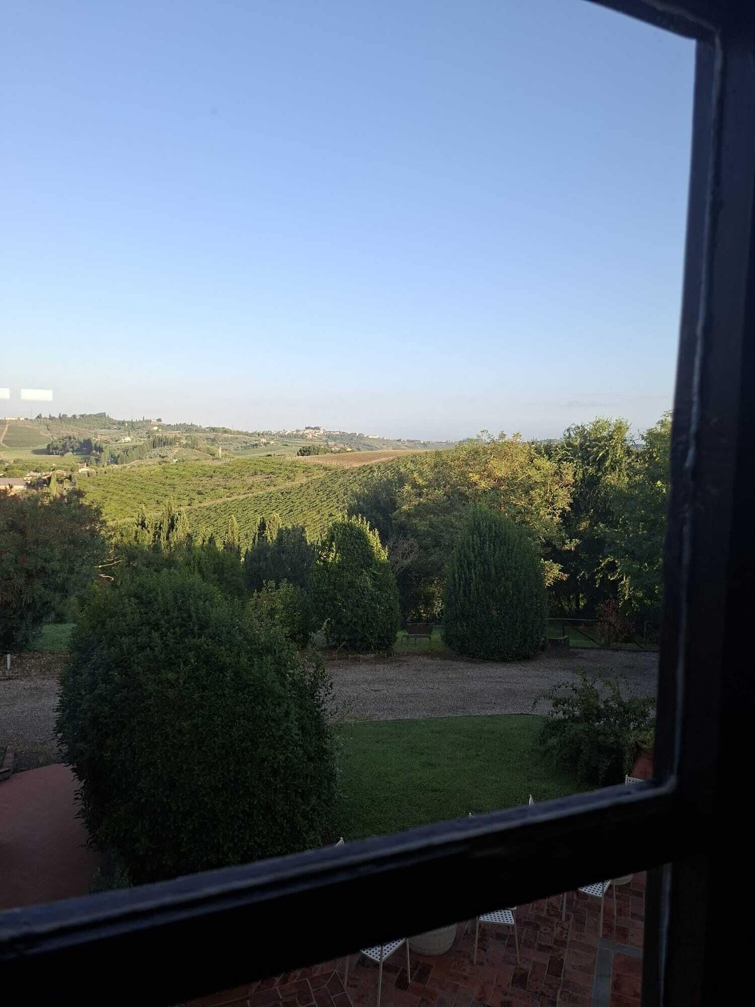 Uitzicht vanuit een raam op een groen landschap met bomen en een verafgelegen stad.