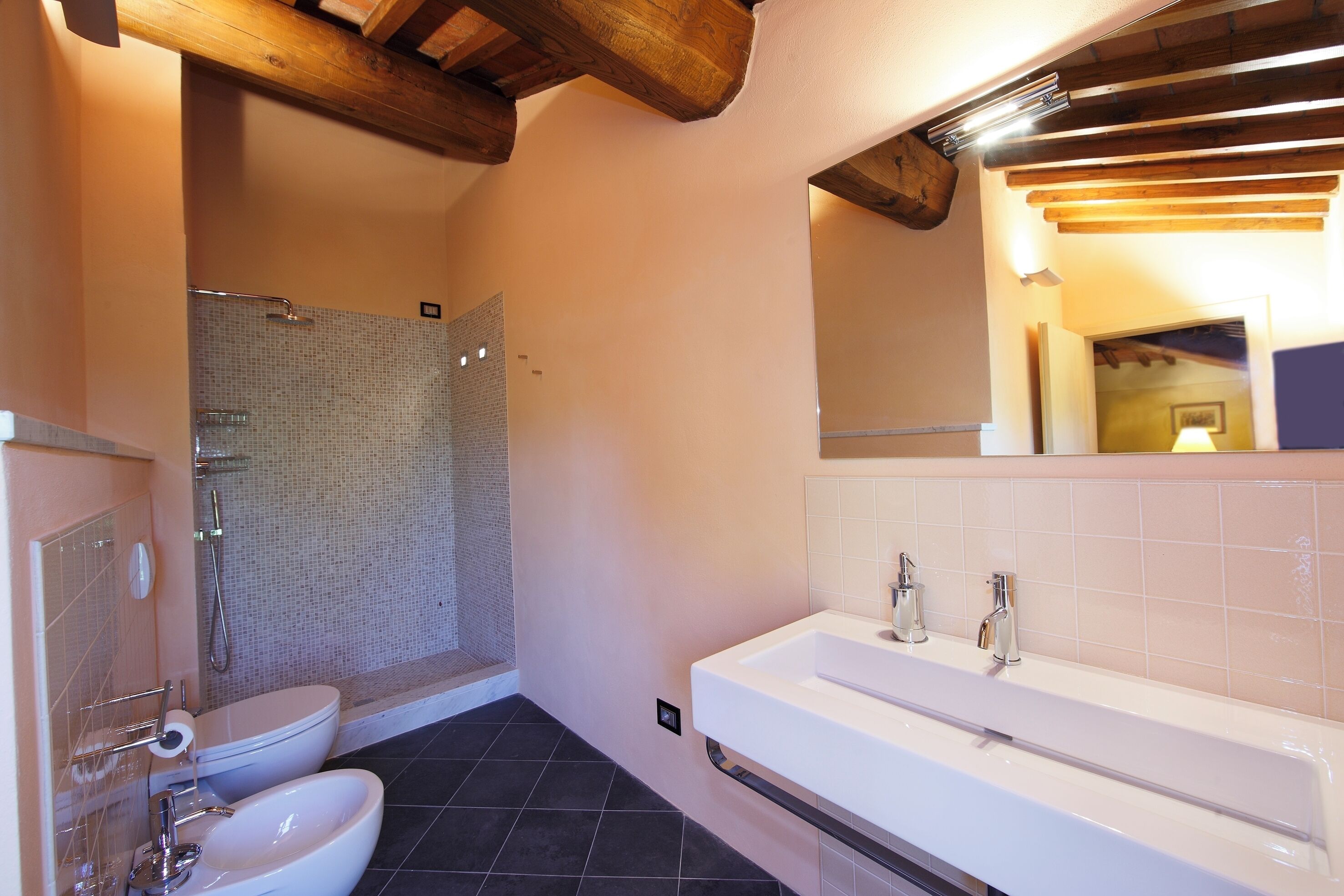 A bathroom with a toilet, bidet, shower, and a large sink.