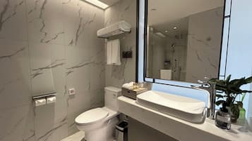 Hair dryer, towels, soap, shampoo