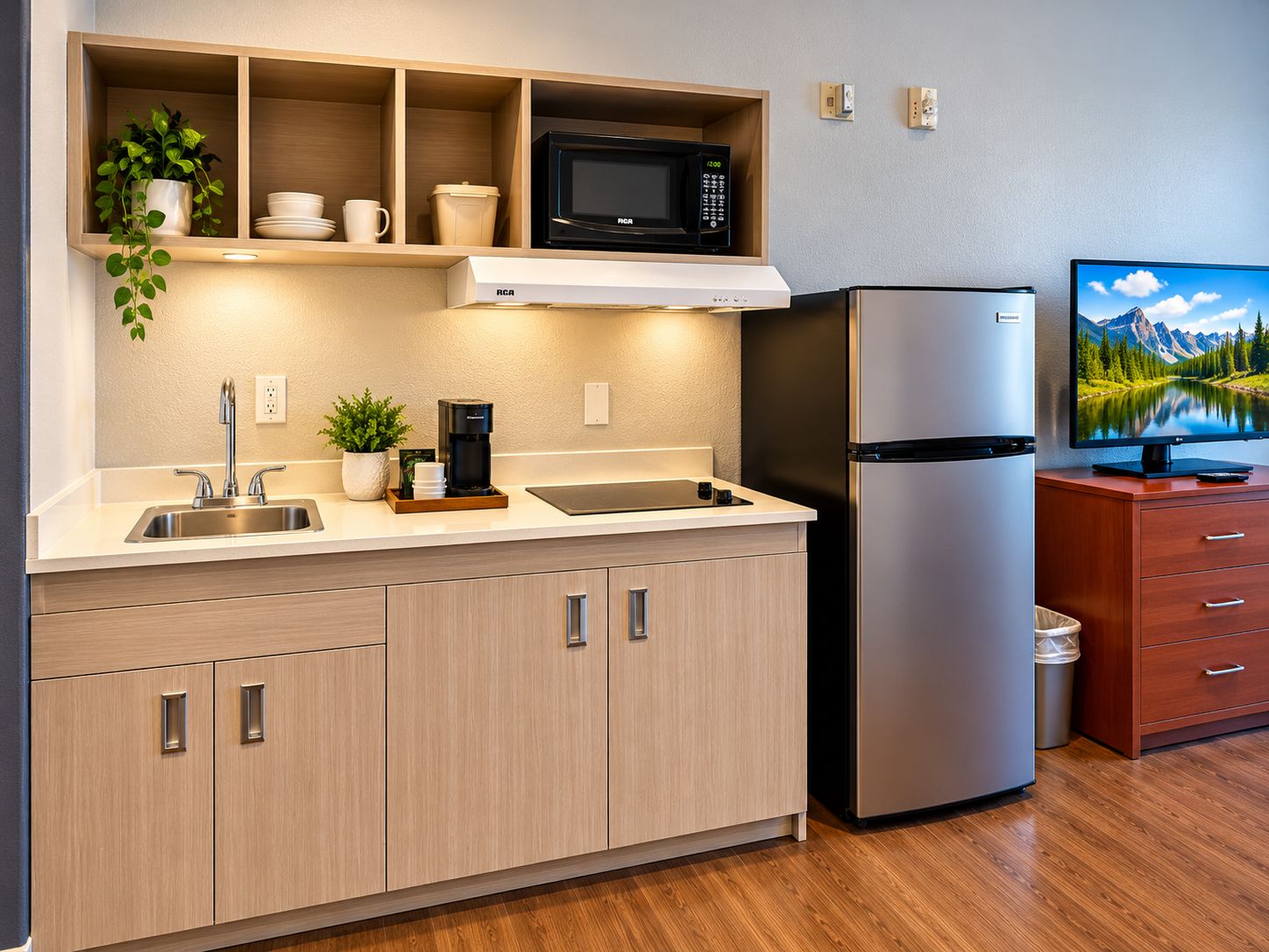 Une cuisine moderne équipée d’un réfrigérateur en acier inoxydable, d’un four à micro-ondes, d’une machine à café et d’un téléviseur posé sur un meuble en bois.