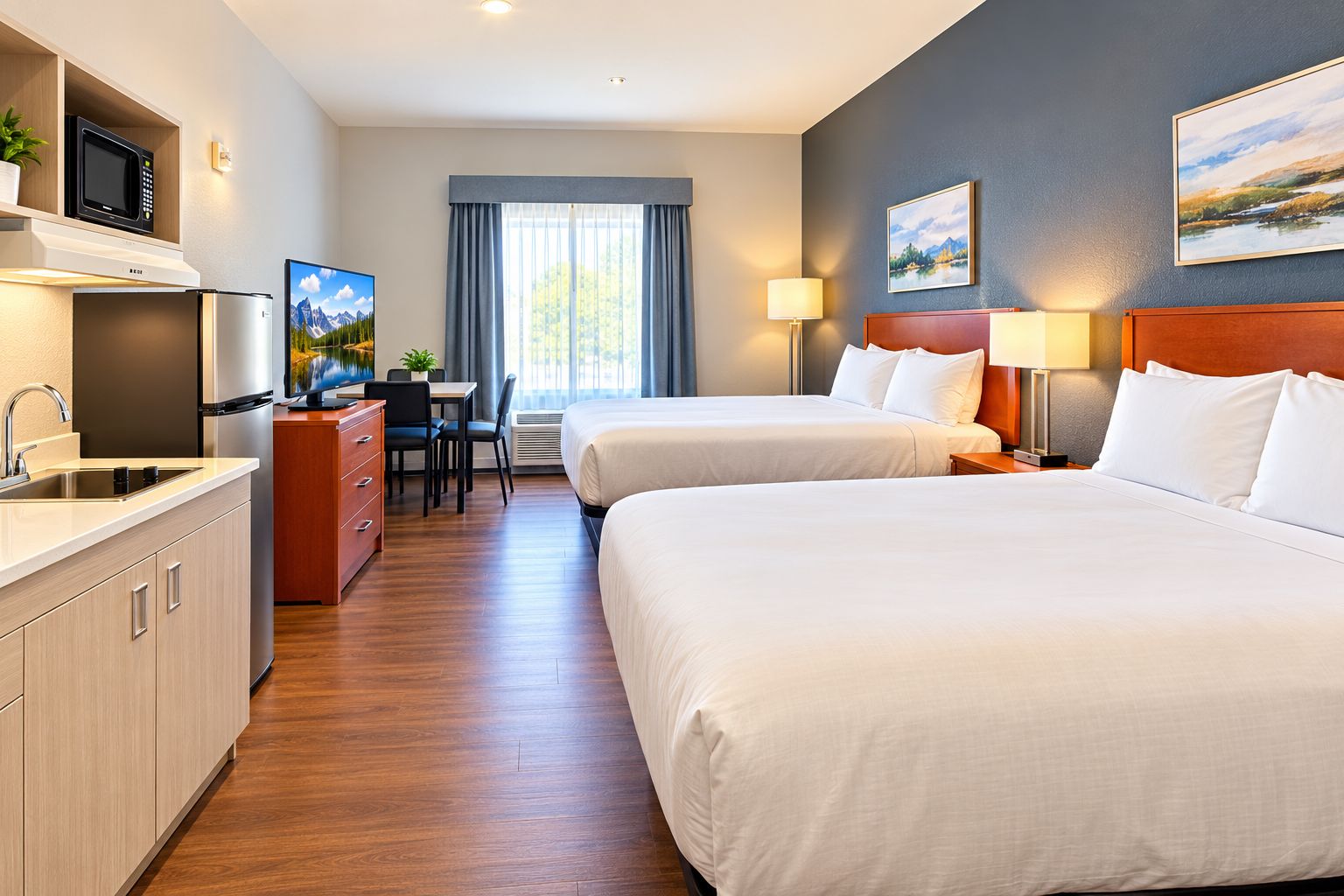 A hotel room with two beds, a kitchenette, a desk with a chair, and a television.