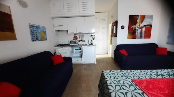Un espace de vie compact comprenant un coin cuisine, deux canapés et un lit.