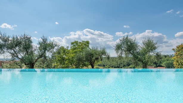 Ein klares, blaues Schwimmbecken mit Blick auf Bäume und einen wolkenlosen Himmel.