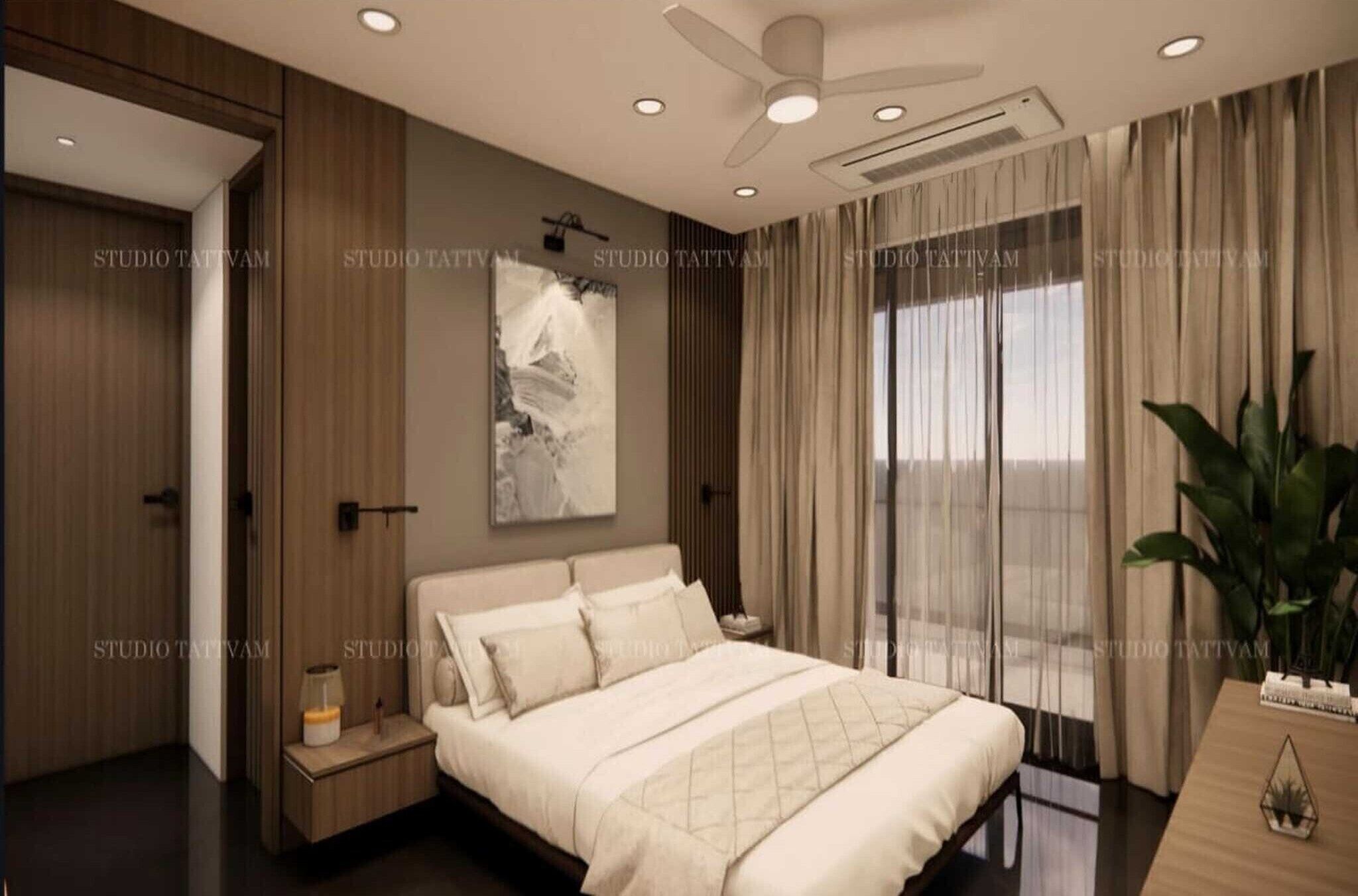 1 soverom, skrivebord og sengetøy