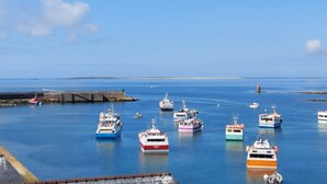 Ein Hafen mit mehreren vertäuten Booten.