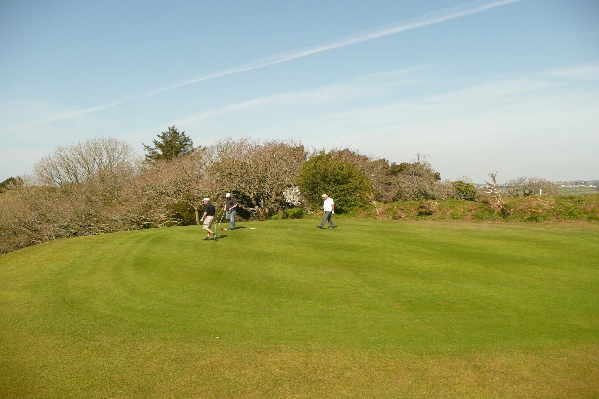 Un parcours de golf avec un gazon bien entretenu, des arbres et un ciel dégagé.