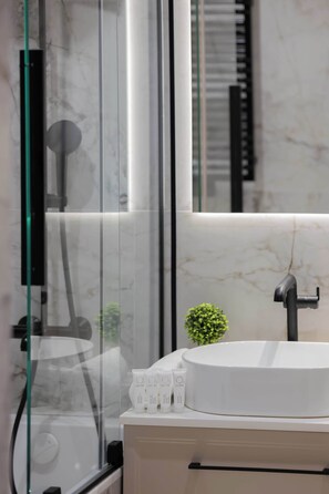 Dusche, Haartrockner, Handtücher, Shampoo