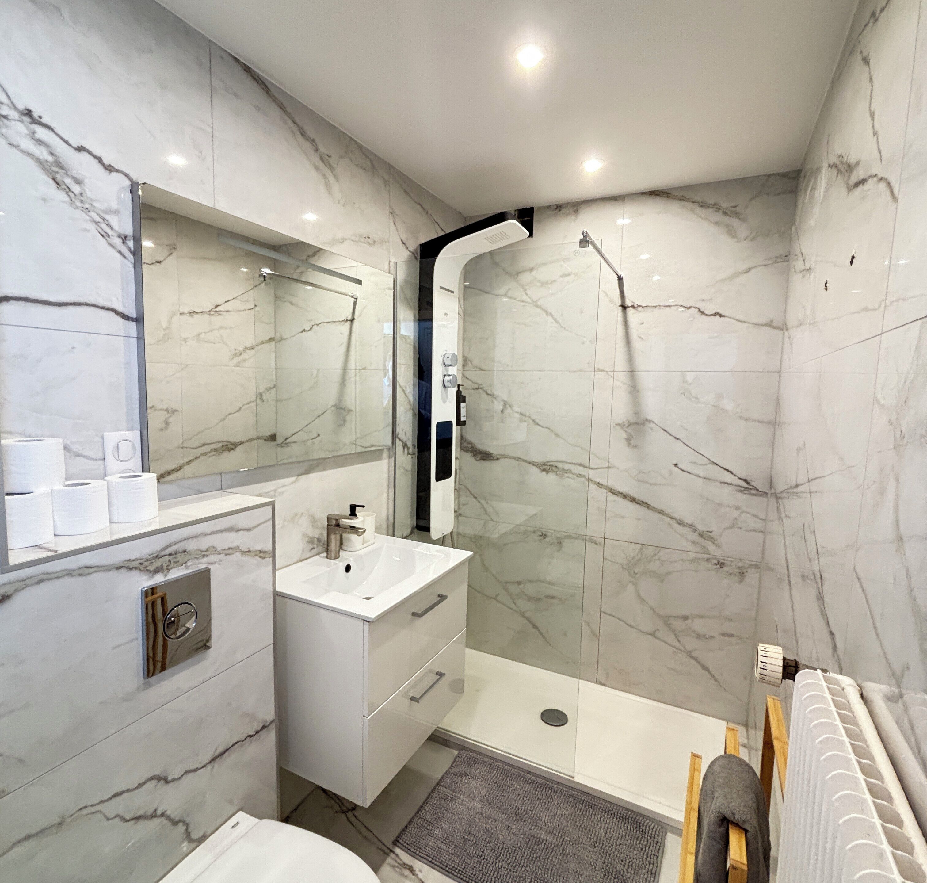 Hair dryer, towels, soap, toilet paper