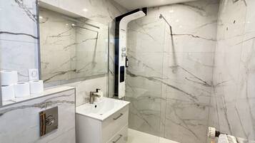 Secador de cabelo, toalhas de banho, sabonete, papel higiênico