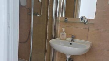 A bathroom with a glass shower enclosure, a sink with a mirror above it, and a toilet.