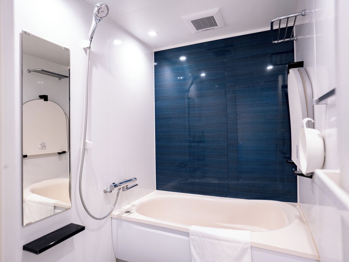 A modern bathroom with a bathtub, a shower, a mirror, and a towel rack.