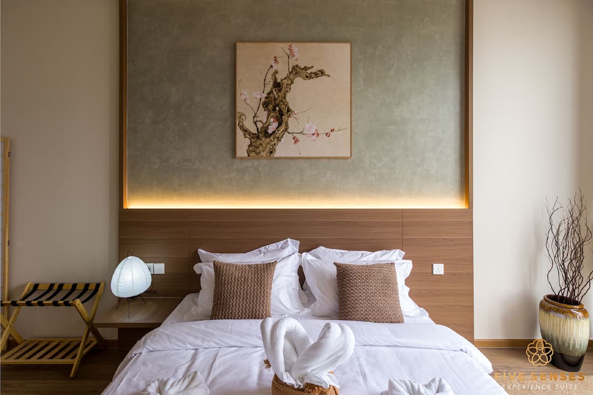 Japandi Three Bedroom Suites | Premium bedding, desk, blackout drapes, iron/ironing board