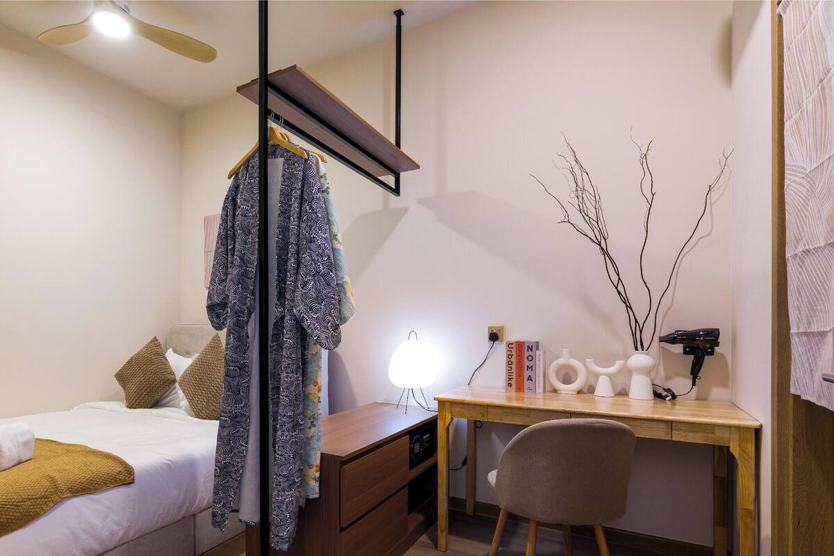 Japandi One Bedroom Suites | Premium bedding, blackout drapes, iron/ironing board, WiFi (free)