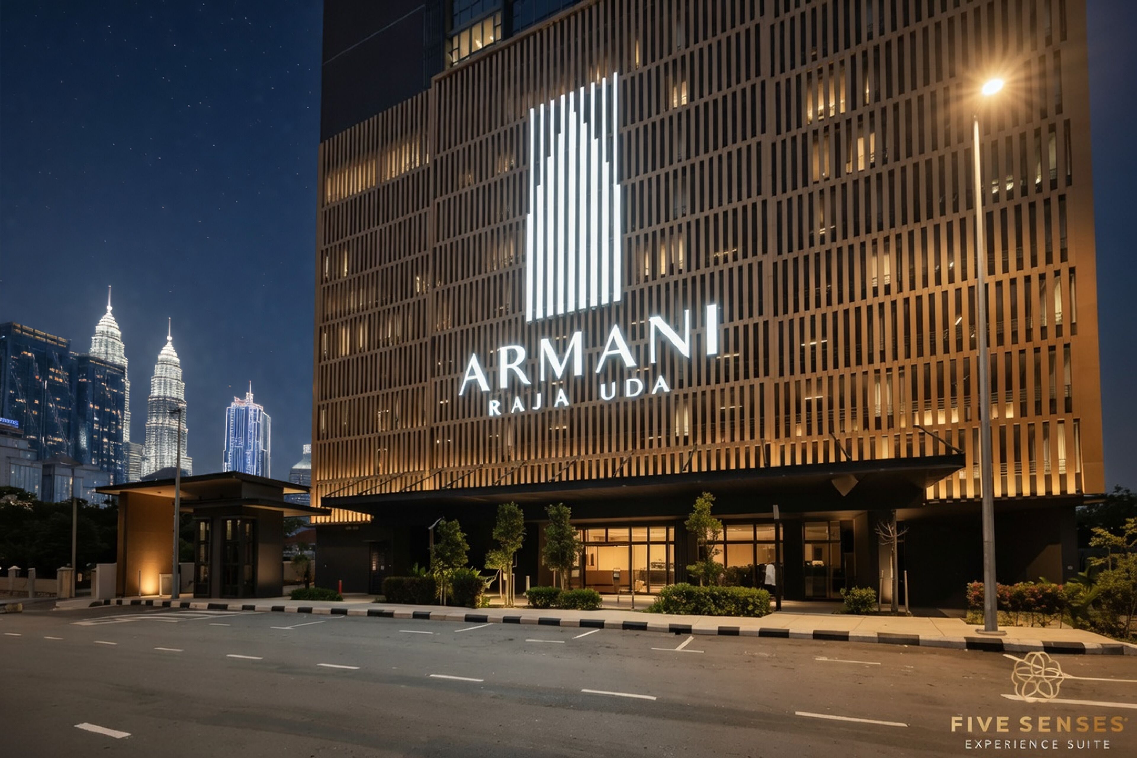 A modern Armani building with a prominent logo, surrounded by a well-lit urban environment.