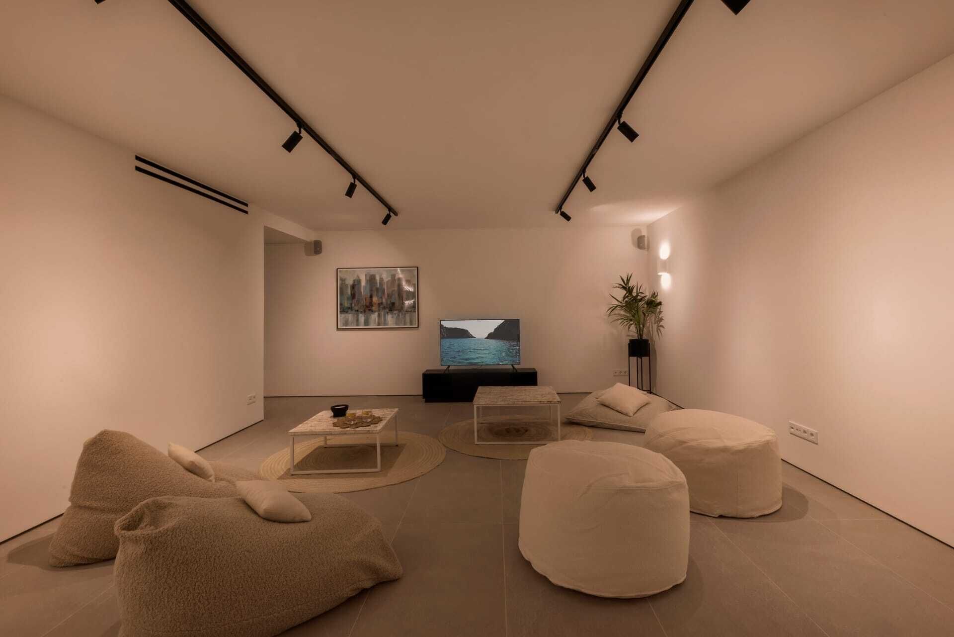 Un salon minimaliste avec un téléviseur à écran plat, un tableau et une plante en pot.