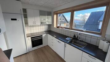 Full-sized fridge, microwave, oven, stovetop