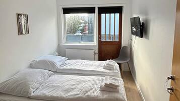 Une chambre à coucher avec un lit, une fenêtre, une chaise, un téléviseur et une porte.