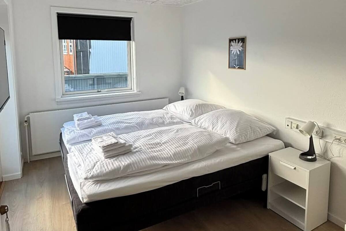 Une chambre à coucher avec un lit, une table de chevet, une fenêtre et un radiateur.