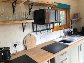 Fridge, microwave, oven, coffee/tea maker