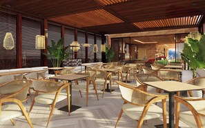 A modern indoor seating area with wooden tables and chairs, large windows with blinds, and hanging light fixtures. - Hotel Nodo (Santiago)