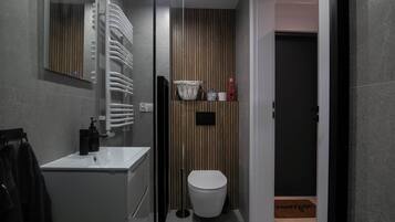 Ducha, secador de pelo, toallas, shampoo