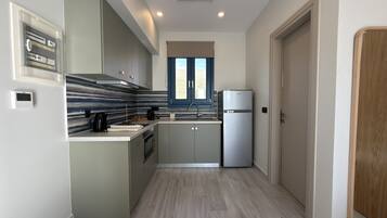 Full-size fridge, oven, stovetop, cookware/dishes/utensils