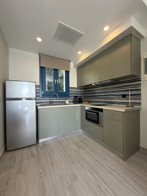 Full-size fridge, oven, stovetop, cookware/dishes/utensils