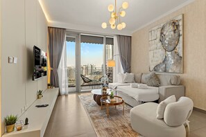 Living area - FIRST CLASS | 2BR | Luxe Stay Near Dubai Creek Hub (Dubai Creek Harbour)