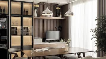 Espresso maker, coffee/tea maker, electric kettle, dining tables