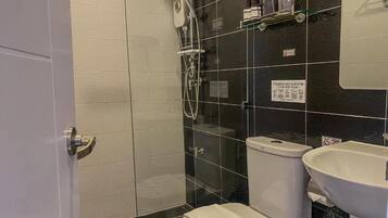 Shower, free toiletries, hair dryer, slippers