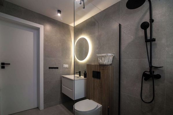 Shower, hair dryer, towels, shampoo