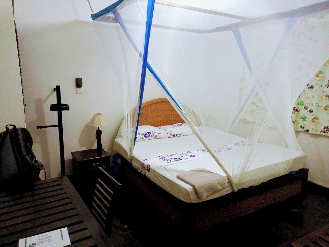 A single bed with a mosquito net, a bedside table with a lamp, and a chair.