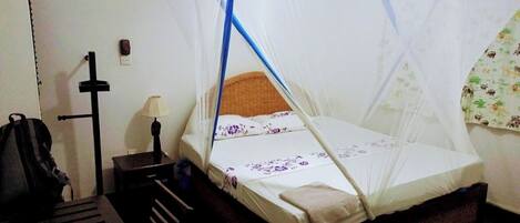 A single bed with a mosquito net, a bedside table with a lamp, and a chair.
