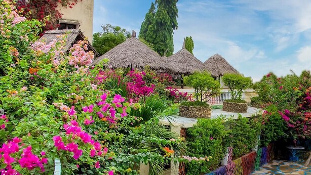 A pool area with a stone pathway, surrounded by vibrant pink bougainvillea and other greenery. - Malindi Breeze Point Hotel (Malindi)