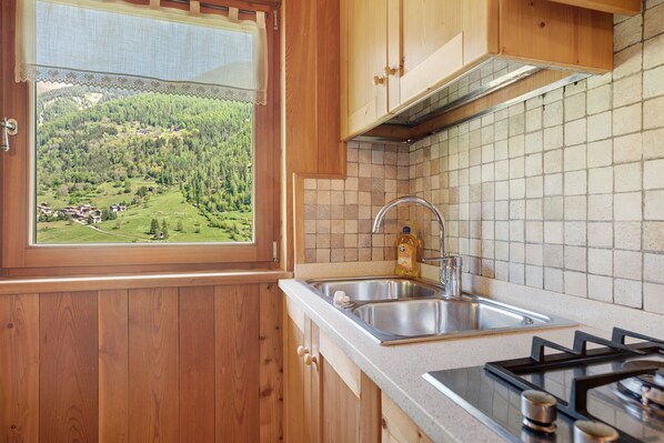 Eine Küche mit Holzausstattung, einem Fenster mit Blick auf eine grüne Landschaft, einer Edelstahl-Spüle und einem Gasherd.