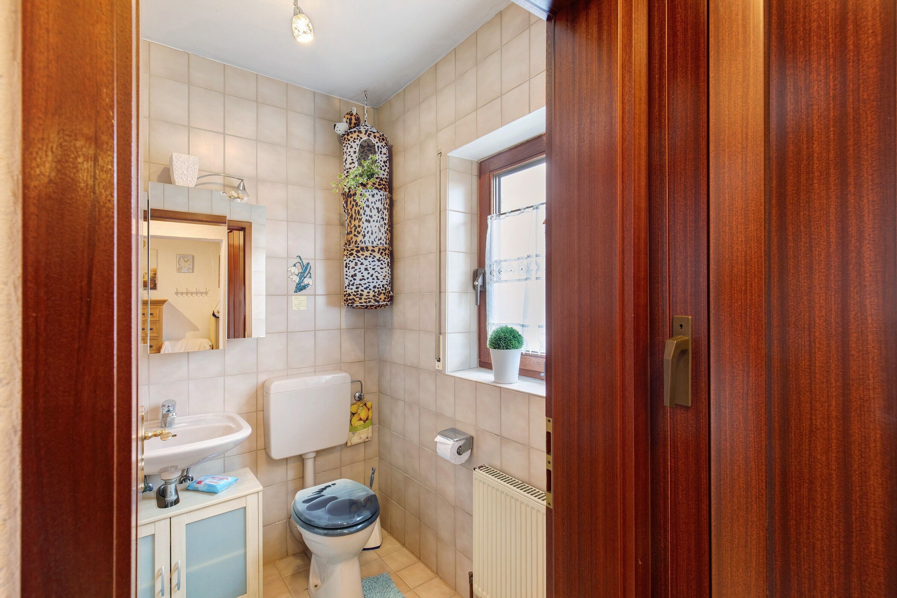 A bathroom with a toilet, sink, mirror, and a window with a plant.