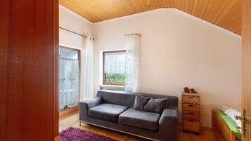 Habitació amb sostre de fusta, un sofà gris, una petita cuixa de fusta, un llit amb matalàs verd i una catifa morada.
