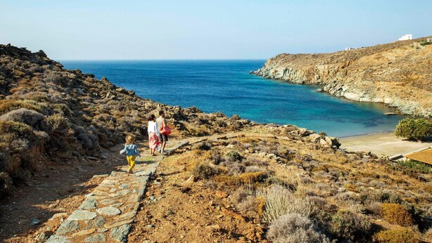 A rocky coastal path leading to a beach with clear blue sea and a few buildings in the background. - Phos Villas Tinos (Tinos)